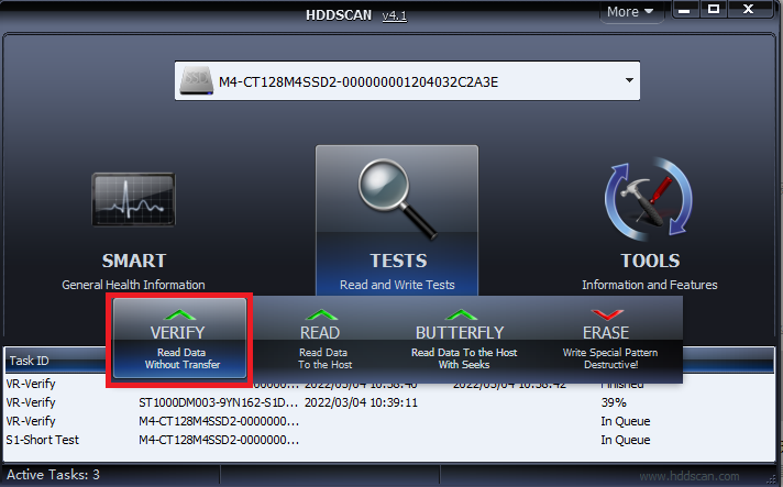 HDDScan选择Verify页面