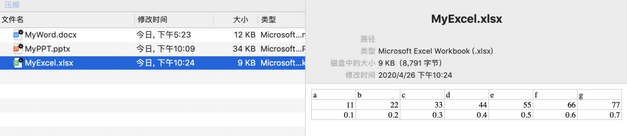 Excel文件在BetterZip中显示界面
