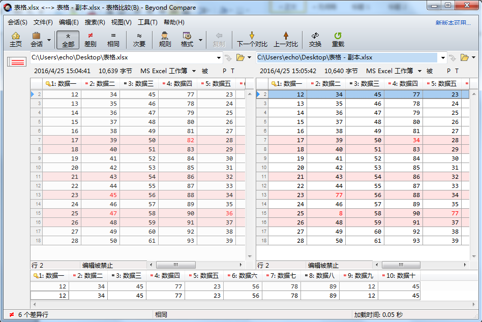 Beyond Compare表格比较会话操作界面图例