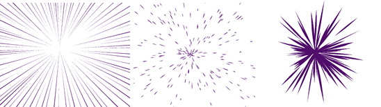 密集集中线效果图（最左）/开朗效果图（中）/爆裂效果图（最右）