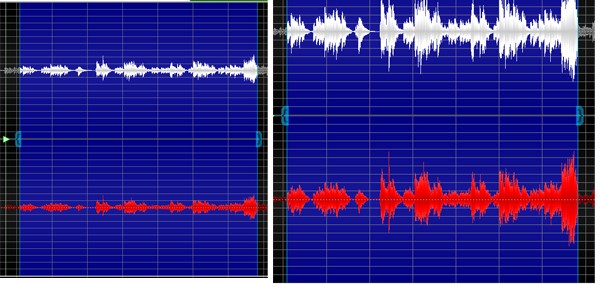 图八：GoldWave中文版对音频音量改变后波形前后对比图