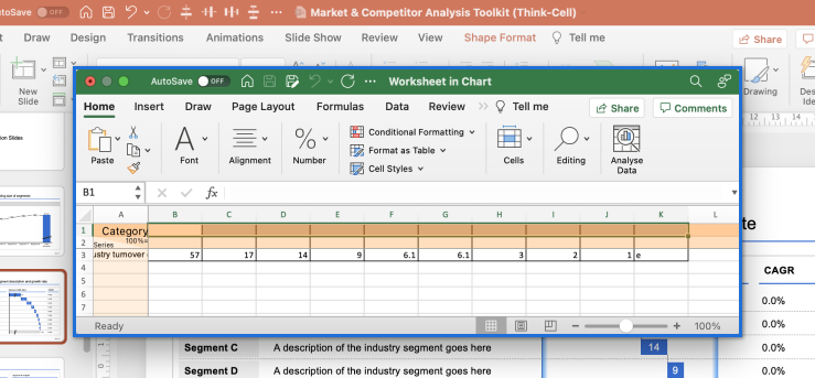 Think-Cell 的数据表接受原始数字和 Excel 公式进行动态计算